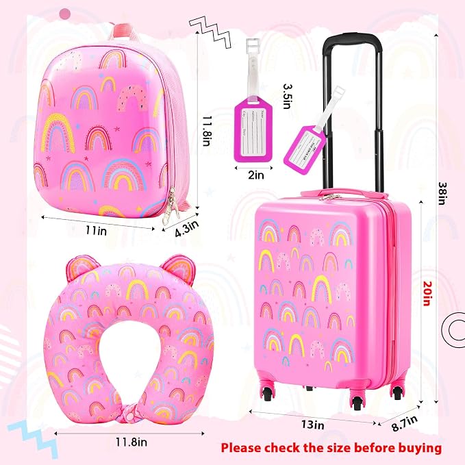 Sanwuta 4 Pcs Kids Luggage Set Back to School Gifts for Girls Boys Carry On Rolling Suitcase Backpack Neck Pillow Travel Set(20 Inch,Rainbow Style,Pink) - Image 2