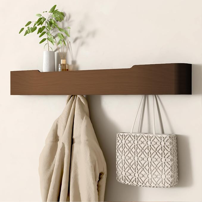 Wall Mounted Coat Rack with Shelf, Wooden Entryway Organizer with Hidden Metal Hooks for Hanging Coats Bags Keys, Modern Floating Shelf for Hallway Bathroom by VERASCOT