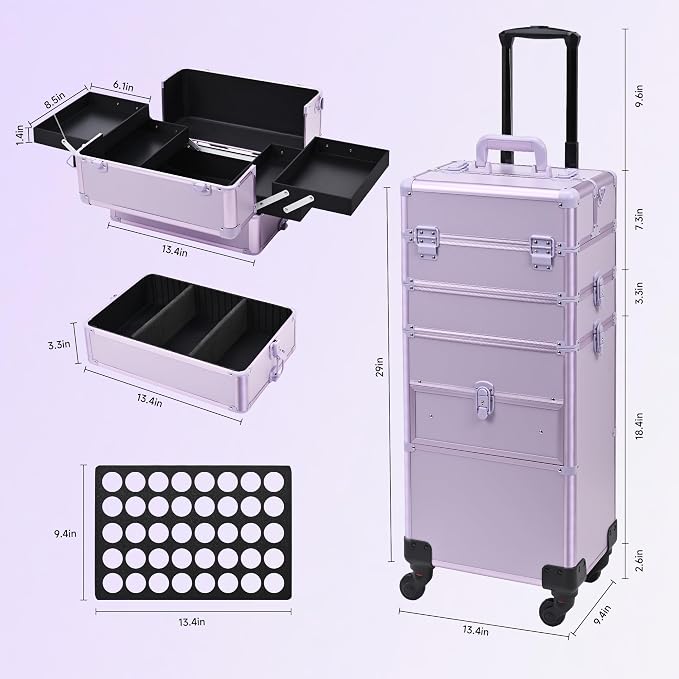 Somduy Rolling Makeup Case with Drawer, Makeup Train Case, 4 in 1Cosmetology Case on Wheels, Christmas Gift, Large Makeup Case Organizers, Profesional Cosmetic Case for Salon Barber, Purple - Image 3