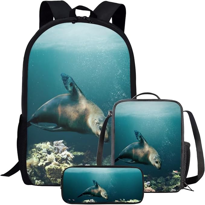 Kids Novelty Animal Backpack and Lunch Box for Boys Girls Student Lightweight 17 Inch School California Sea Lion Backpack with Lunch Bag Pencil Case Kids Comfy Padded Black Large Bookbag by Parprinty