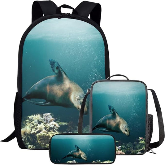 Kids Novelty Animal Backpack and Lunch Box for Boys Girls Student Lightweight 17 Inch School California Sea Lion Backpack with Lunch Bag Pencil Case Kids Comfy Padded Black Large Bookbag by Parprinty