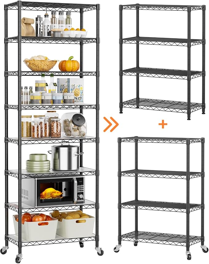 Golpart 8 Tier Shelves Storage Shelf Wire Closet Bathroom Organizers Metal Pantry Kitchen Garage Shelving Unit Laundry Room Organization Home Rack Net Basket Black with Wheels 12”D X 22”W X 74.2”H - Image 6