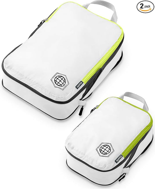 Compression Packing Cubes for Travel, 2-Piece Lightweight Packing Cubes Set for Carry-On Luggage & Backpacks – TRIPPED Travel Gear (White and Green) by TRIPPEDTravelGear