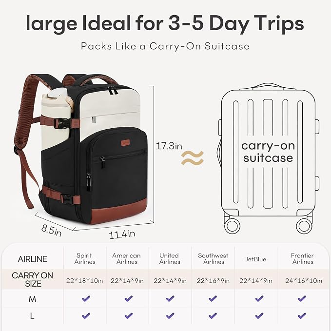 mibasies 30L Travel Backpack for Women & Men: Flight Approved Carry On Backpack, TSA Personal Item Bag with Water Bottle Pocket, Weekender Essentials Backpacks fits 15.6" Laptop - Black White Brown - Image 6