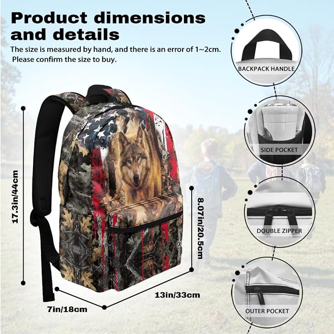 Wolf School Bags for Boys 7-10 10-12 American Flag Backpacks for Girls with Lunch Box Pencil Case Water Bottle Holder 4-Piece Teens Student Bookbag Set for Elementary School - Image 3