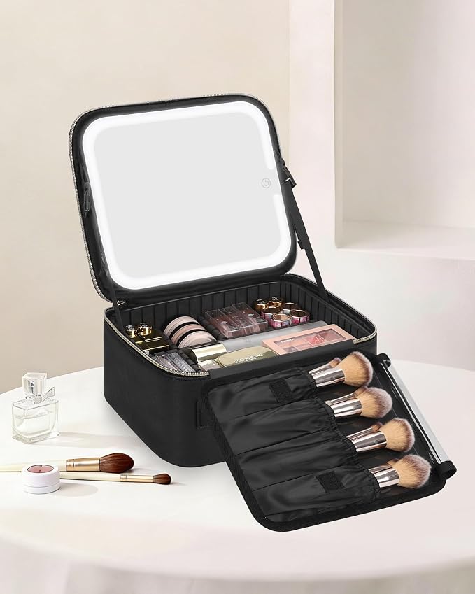 Chomeiu Makeup Bag with LED Mirror, Travel Makeup Case for Women and Makeup Artists Cosmetic Organizer Large Make Up Bags with Light Up Mirror, 3 Color Lights, Adjustable Dividers and Brush Holder - Image 2