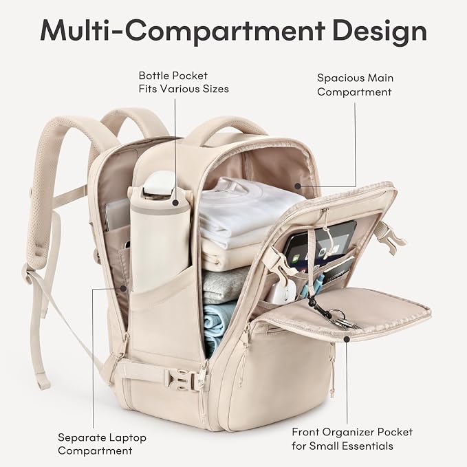 mibasies 30L Travel Backpack for Women & Men: Carry On Luggage Flight Approved, TSA Laptop Backpack with Water Bottle Pocket, Personal Item Bag Fits 15.6" Laptop for Weekender Business - Beige - Image 4