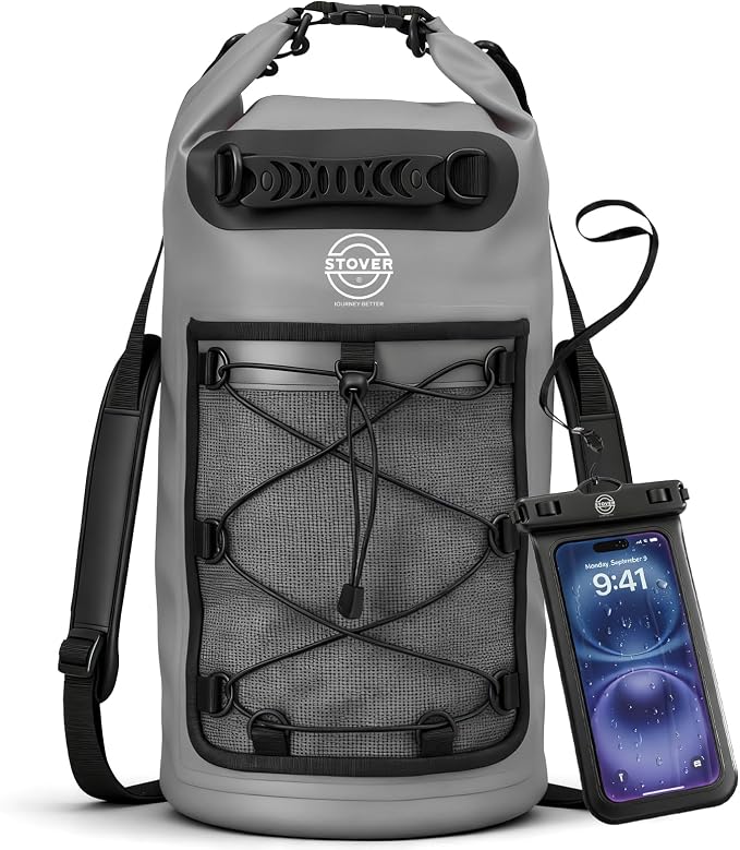 STOVER 5/10/25/30/40L Waterproof Dry Backpack & Phone Case- Large Floating Dry Bag for Kayaking, Travel, Hiking, Fishing, Camping, Motorcycles & Beach, Heavy-Duty Roll Top Men/Women (Grey) by STOVER