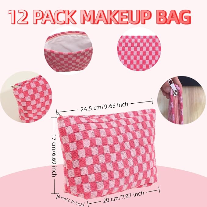 12 PACK Checkered Makeup Bags-Bulk Bridesmaid Proposal Gifts Makeup Pouch for Wedding Party Favors Bachelorette Party Decorations Travel Toiletry Organizer for Women Cosmetic Case Mon Gift(12, Pink) - Image 2