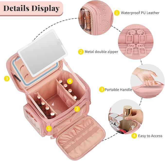 Large Makeup Bag with LED Mirror, Travel Makeup Bag Organizer for Women Girls with Makeup Brush Compartment & Two Side Pockets, 3 Color Lights Cosmetic Toiletry Bag- Leather Pink - Image 2