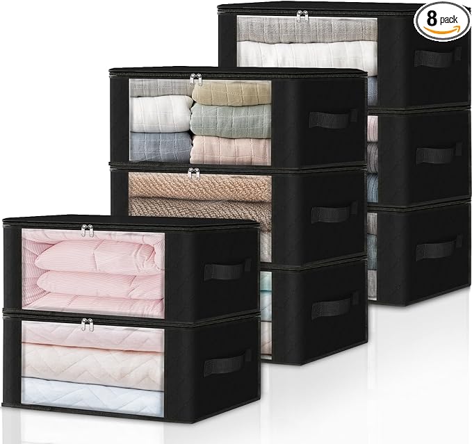 HomeHacks Storage 8-Pack Clothes Organizer Storage Bags Foldable Storage Box with Large Clear Window Sturdy Handles for Closet, Dorm, Pillows, Bedding, Clothes, Blankets, 35L, Black by HomeHacks