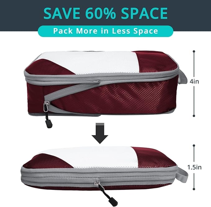 NICOSHOW 6 Set Compression Packing Cubes for Travel - Compressible, Lightweight, and Space-Saving Packing Cubes, Travel Essentials for Women, Wine - Image 2