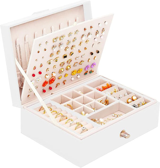 QBestry Jewelry Box for Women Girls, 105 Holes Stud Earring Organizer Storage Case with Removable Dividers, 2-Layer White Leather Jewelry Organizer for Earrings Rings Necklaces Bracelet, Gift for Teen by QBestry