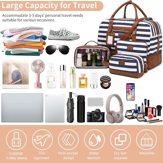 Wogarl 4PCS Weekender Bags for Women Large Overnight Weekend Travel Duffel Carry on Shoulder with Shoe Compartment Canvas Toiletry Bag for Travel Business Gym - Image 7