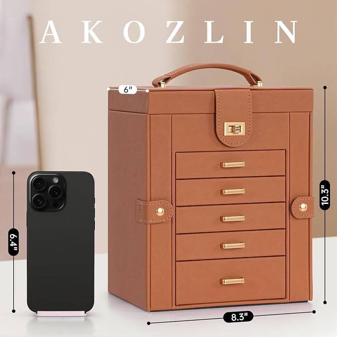 AKOZLIN 6-Tier Jewelry Box Organizer Functional 5 Drawers Leather Jewelry Storage Case for Women Girls Ring Necklace Earring Bracelet Holder Organizer with Mirror Orange Regular - Image 6