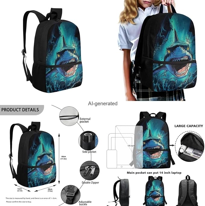 Shark Backpack and Lunch Box Set Boys Preschool Elementary Middle School Bookbag Lightweight Large Capacity Shoulder Laptop Daypack for Travel Back to School Gifts for Students - Image 3