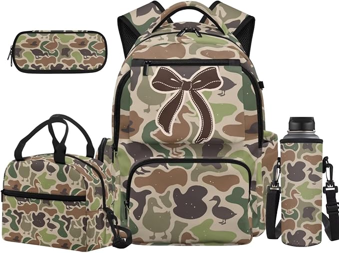 Duck Camo 4 Piece Backpack Set for Kids, 17 Inch Multi-Pocket School Backpack with Lunch Bag, Pencil Case and Water Bottle Holder, Lightweight 600D Bag for School by Unknown
