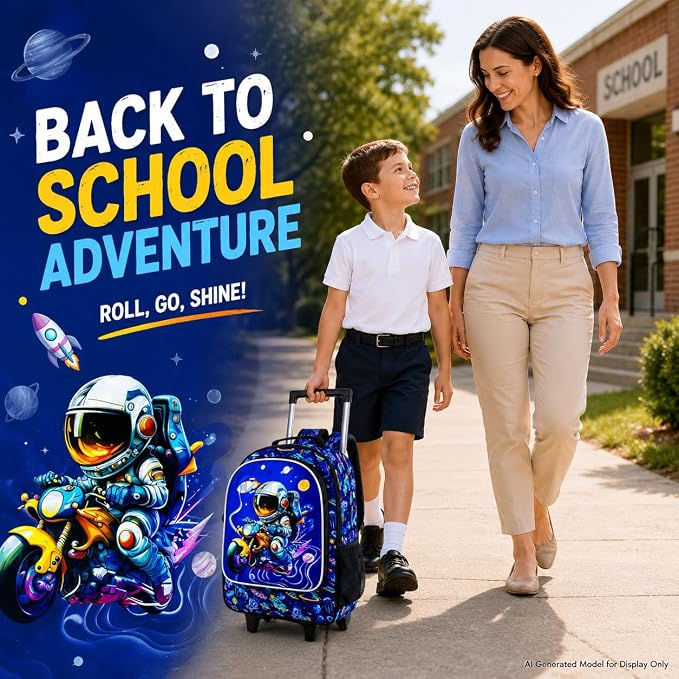 HPJGD 3PCS Astronaut Rolling Backpack for Boys, Kids School Backpacks with Wheels, Water Resistant UV Printed Roller Wheeled Bookbag Set - Image 6