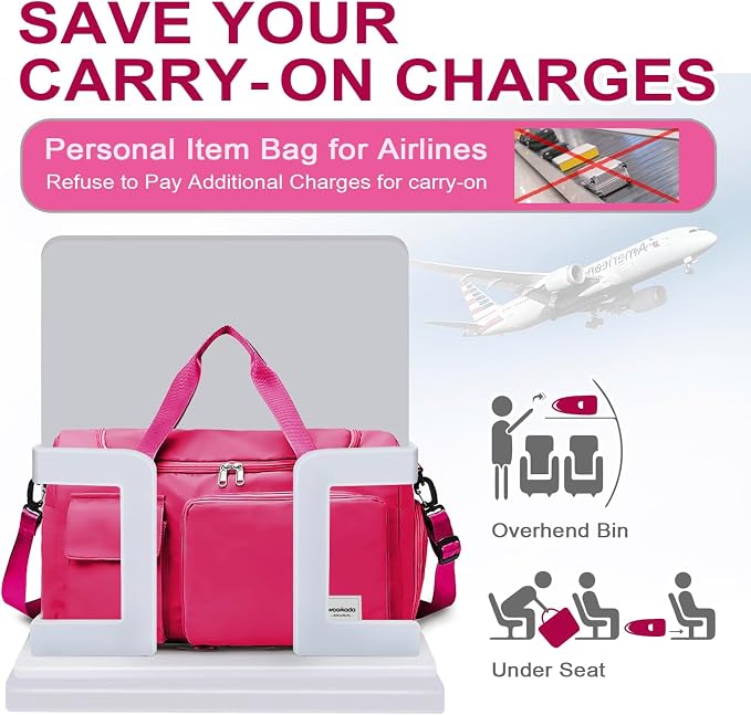 WOOMADA Foldable Travel Duffel Bag with Shoes Compartment, Overnight Bag with Wet Pocket & Trolley Sleeve, Weekender Bags for Women(A-rose red) - Image 4