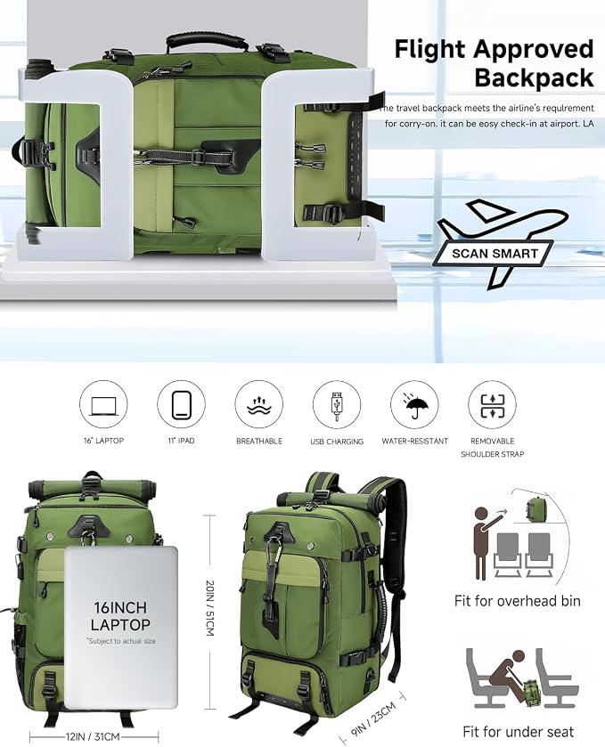 Travel backpack for men,40L Large Carry on Backpack Durable Convertible Duffle Bag with Shoe Compartment Fit for 16 Inch Laptop for travel, camping,Weekender Hiking Green - Image 4