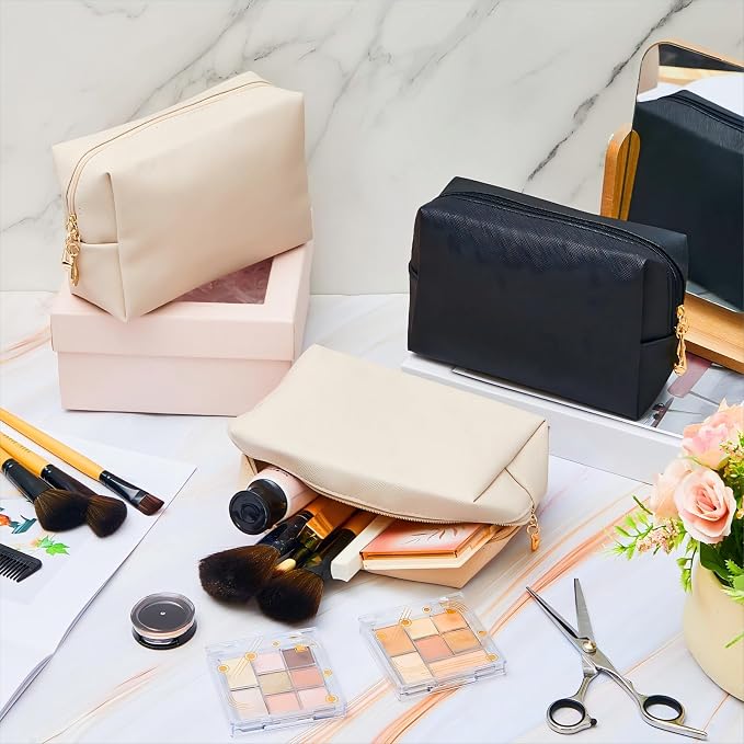 24 Pcs Preppy Makeup Bag PU Leather Cosmetic Bag with Zipper Plain Cosmetic Pouch Waterproof Toiletry Makeup Pouch for Women Bridal Shower Favors Traveling Organizer(Ivory White, Black) - Image 6
