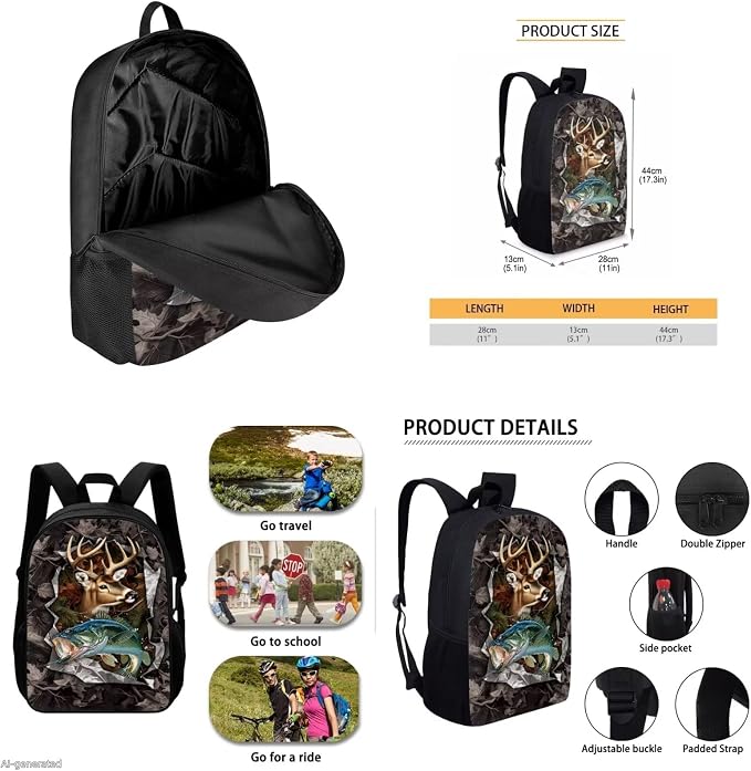 GIFTPUZZ Deer Fish Backpack 17 Inch Set Boys 8-10 | Camo 4-Piece Set, Lunch Box, Water Bottle Sleeve, 3rd Grade Back to School Book Bags - Image 5