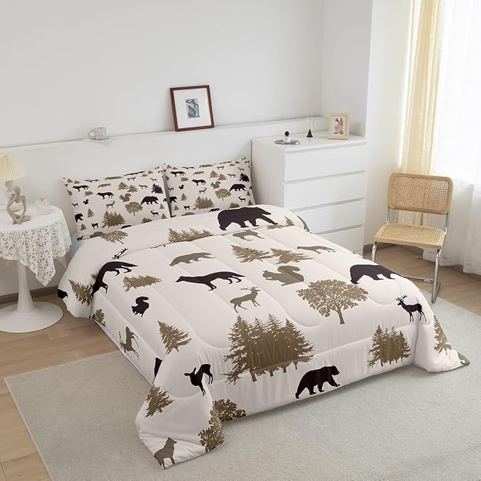 Erosebridal Bear Comforter King Size,Elk Moose Squirrel Wolf Wildlife Printed Bedding Set,Farmhouse Animal Silhouette Duvet Insert for Teens Youth,Rustic Woodland Inner Fill with 2 Pillowcases - Image 3