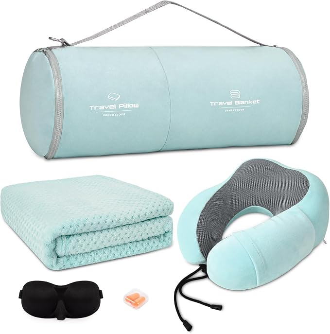 urnexttour Travel Pillow and Blanket Set Neck Pillows Soft Blankets with Sleep Mask Travel Essentials for Airplane Car Memory Foam Blue Green by Urnexttour