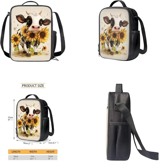 Kawaii Cow Backpack with Lunch Bag for Girls Teens Sunflowers Print Backpack for School with Lunchbox Cute Pencil Case and Water Bottle Cover for Students - Image 4