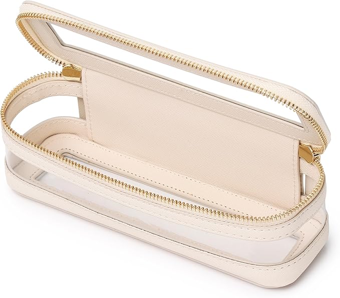 Pinkmik Makeup Brush Case Clear Travel Cosmetic & Toiletry Bag Slim Makeup Bag with Zipper Small Purse Organizer Car Essential Bag for Women (Beige, SLIM-1) by Pinkmik