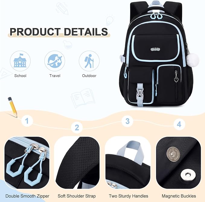 DIGOBAY Backpacks for Girls, 3PCS School Backpack with Lunch Box Pencil Pouch for Teen Girls Kids Elementary Primary Middle High College Travel School bag Bookbag Set （Black Blue） - Image 5