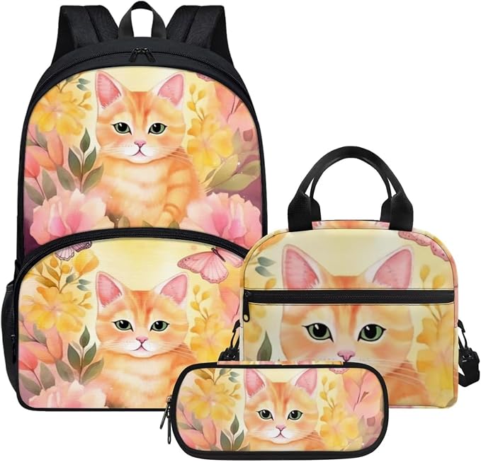 Floral Cat Print Backpack Set for Girls Kids Lightweight Cute School Backpack with Lunch Box Pencil Case Adjustable Strap Padded Book Bag Insulated Lunch Bag by Parprinty