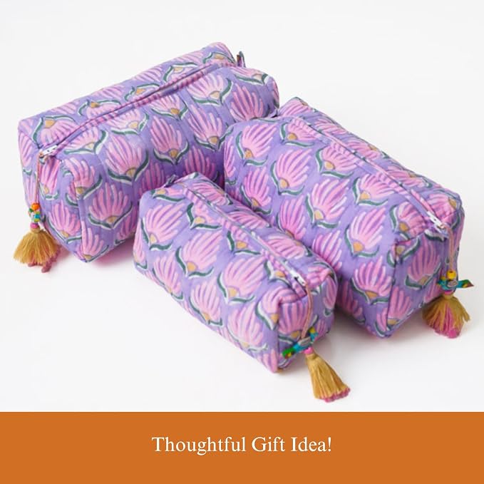 Saffron Marigold Quilted Makeup Bag Set of 3, Hand Block Printed Cotton Cosmetic Bags for Women, Waterproof Lined Travel Toiletry Bag, Coquette Floral Aesthetic, Handmade Gift, Lilac Flame - Image 7