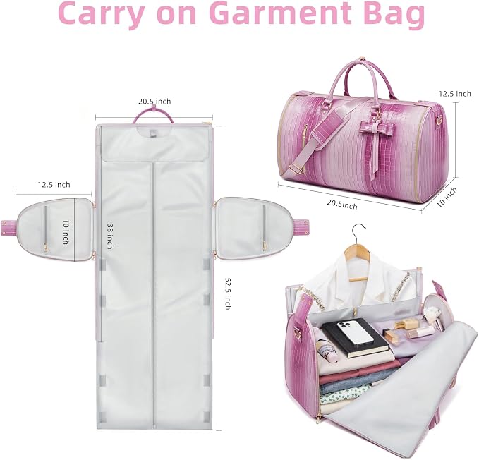 Convertible Garment Duffle Bag for Women, Foldable 2-in-1 Carry On Travel Bag with Shoe Compartment & Toiletry Pocket, PU Leather Stylish Garment Bags for Business Trip, Vacation, Pink-White - Image 3