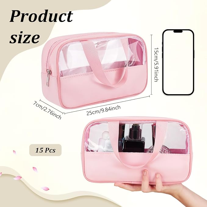 15Pcs Translucent Makeup Bag, 9.8x5.9x2.76Inches Toiletry Bag Travel Storage Carry Pouch Waterproof Portable Cosmetic Travel Bags with Hanging Handles for Toiletries Accessories - Image 2