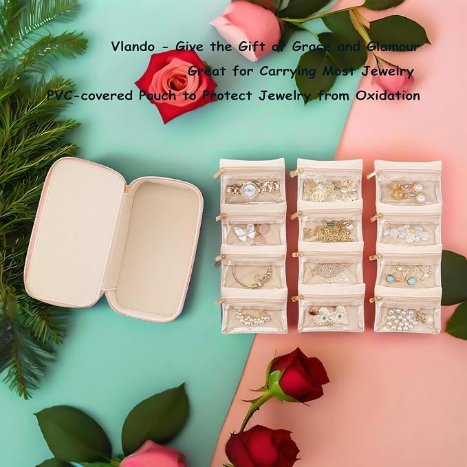 VLANDO Travel Jewelry Box Organizer – Portable PU Leather Jewelry Case with 6/8/12 Zippered Pouches, Compact Storage for Earrings Rings Necklaces Bracelets, Baby Blue - Image 5