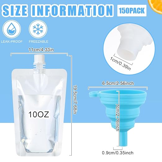 Patelai 150 Pieces Plastic Liquid Pouch Reusable Juice Pouches Travel Water Leak Proof Bags Bulk with Collapsible Silicone Funnel for Travel Outdoor (10 oz) - Image 4