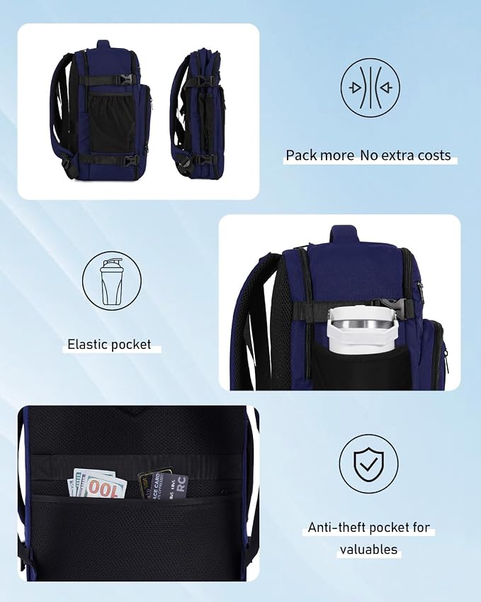 ECOHUB 19" Large Travel Backpack, Carry on Luggage Airline Approved, Water Resistant Rucksacks Fit 15.6" Laptop, AirTag Pocket, Lightweight Casual Daypack, 34L, Blue - Image 3