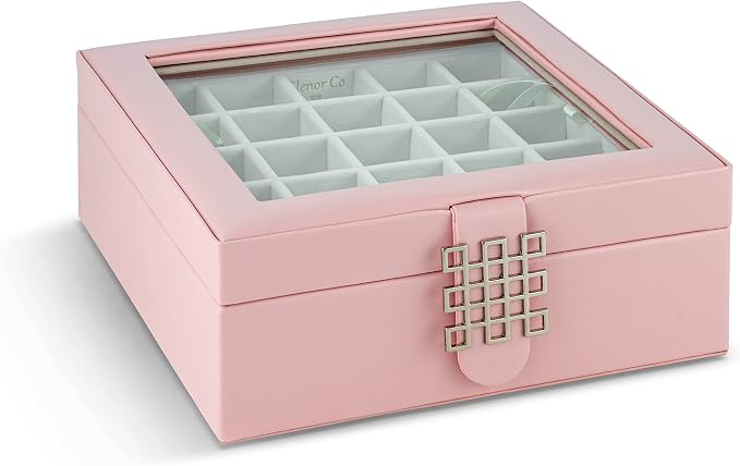 Glenor Co Earring Organizer - Classic 50 Section Jewelry Box/Case/Holder for Earrings, Rings, Necklaces, Jewelry, Cufflinks or Collections -2 Layer Small Compartments with Large Glass Top - Soft Pink - Image 3