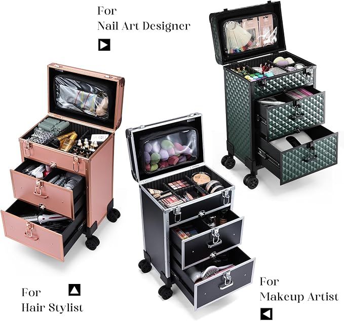 Professional Rolling Makeup Train Case with Drawers, Makeup Case on Wheels, Nail Tech Rolling Cart Storage Organizer Trolley Make up Case for Travel Makeup/Nail Art/Hair Styling, Dark Green - Image 3