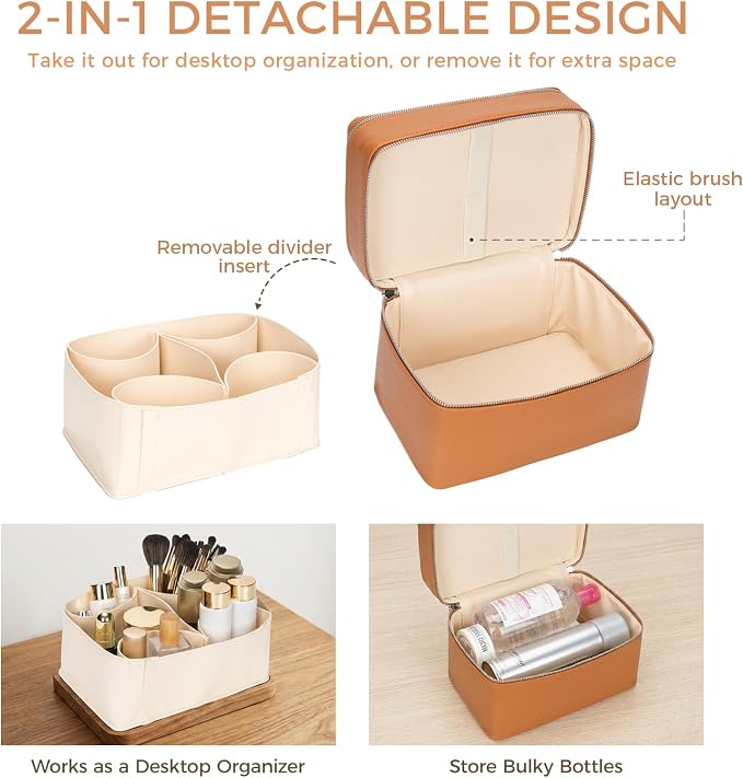 BAGOK Double Layer Makeup Vanity Case, Large Capacity Cosmetic Bag with Removable Divider & Brush Organizer, Travel Toiletry Bag for Women, Portable PU Leather Organizer with Handle - Image 3