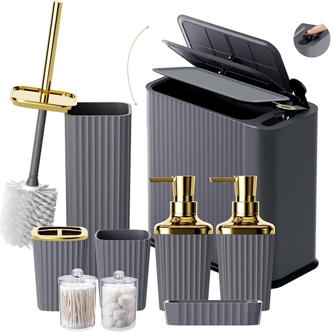 XLHOMO 9-Piece Dark Gray Bathroom Accessories Set - Durable & Sleek Kit with Slim Narrow Trash Can, Toilet Brush & Soap Dispensers - Space-Saving Modern Bathroom Decor by BetterbathroomwithXLHOME