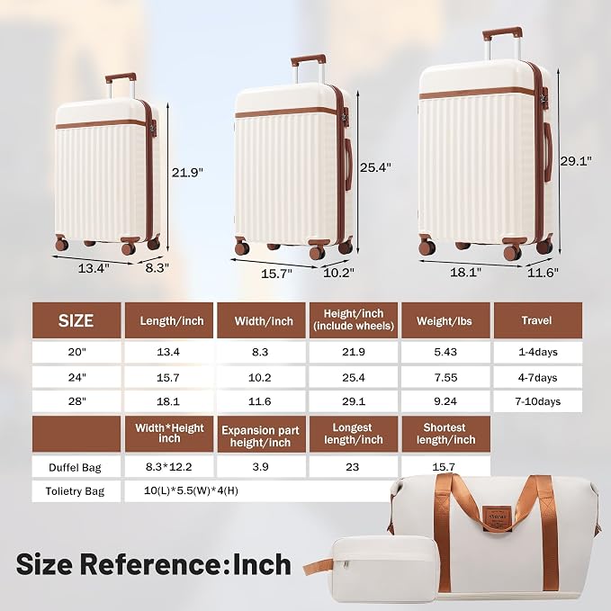 Merax Luggage Sets, Durable Hardshell 3 Piece Suitcase with Bags | Lightweight Carry on Luggage with Double Spinner Wheels and TSA Lock,20+24+28 inches,White and Brown - Image 2