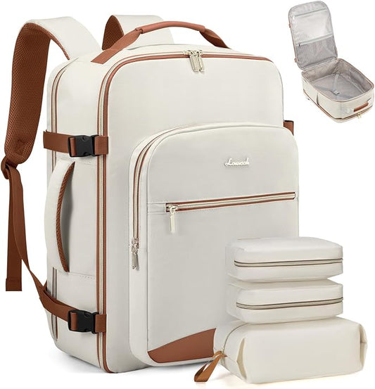 LOVEVOOK Travel Backpack for Women & Men 40L,Airline Approved Carry On Backpack Travel Essentials,TSA Carry on Luggage,Waterproof Personal Item Travel Bag,Suitcase with 3 Packing Cubes,Beige-Brown by LOVEVOOK