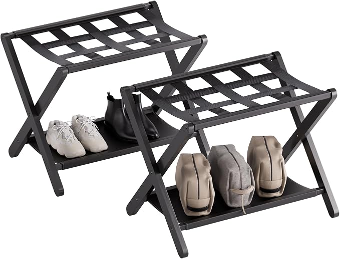 HITNET Luggage Rack for Guest Room, Pack of 2, Suitcase Stand Folding Bedroom, Bamboo Hotel Luggage Holder with Fabric Storage Shelf and Nylon Straps, Black by HITNET