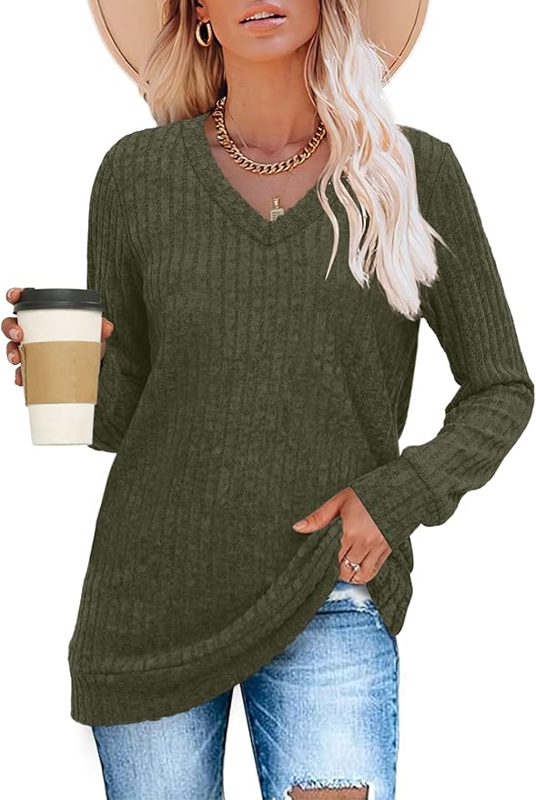 Sampeel V Neck Long Sleeve Shirts for Women Casual Fall Tops Lightweight Tunic Sweaters Fashion Clothes Loose Fit 2025