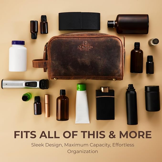 King Size Premium Leather Travel Toiletry Bag for Men and Women - Water-Resistant Dopp Kit - Mens Bathroom Bag, Shaving & Cosmetic Organizer - Toiletry Bag, Travel Bag Leather, Unisex Use - Image 2
