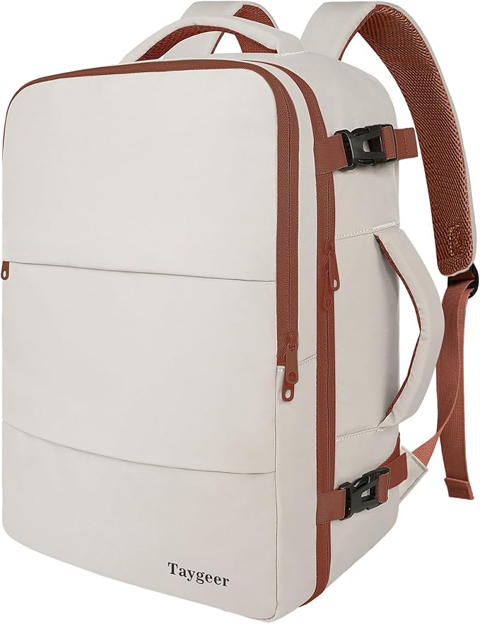 Taygeer Backpack for Women, College Backpack with Laptop Compartment 40l | Travel Laptop Mochila Carry On Luggage with Shoe Pouch, Airline Approved Personal Item Bag for Weekender Hiking, Khaki White by Taygeer