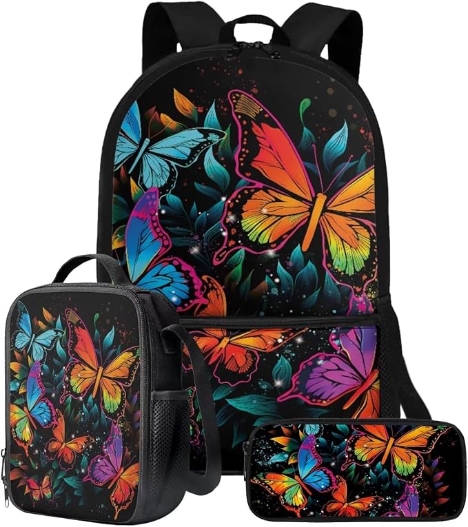 Retro Gradient Dragonfly Print Backpack Set 17 Inch Bookbag Lunch Box Pencil Case Large Capacity Travel Laptop Backpacks Fashion Rucksack Casual Daypack with Ergonomic Straps by ZIATUBLES