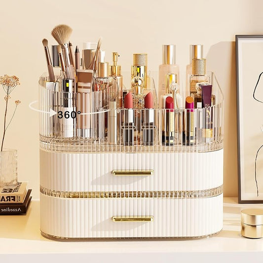 Makeup Organizer with Stackable Drawer, 360 Rotating Makeup Brush Holder, 11-inch Wide Large Cosmetic Display Case, Skincare Organizers and Storage for Vanity, Bathroom Countertop (1 Tray + 2 Drawer) by STORICANS